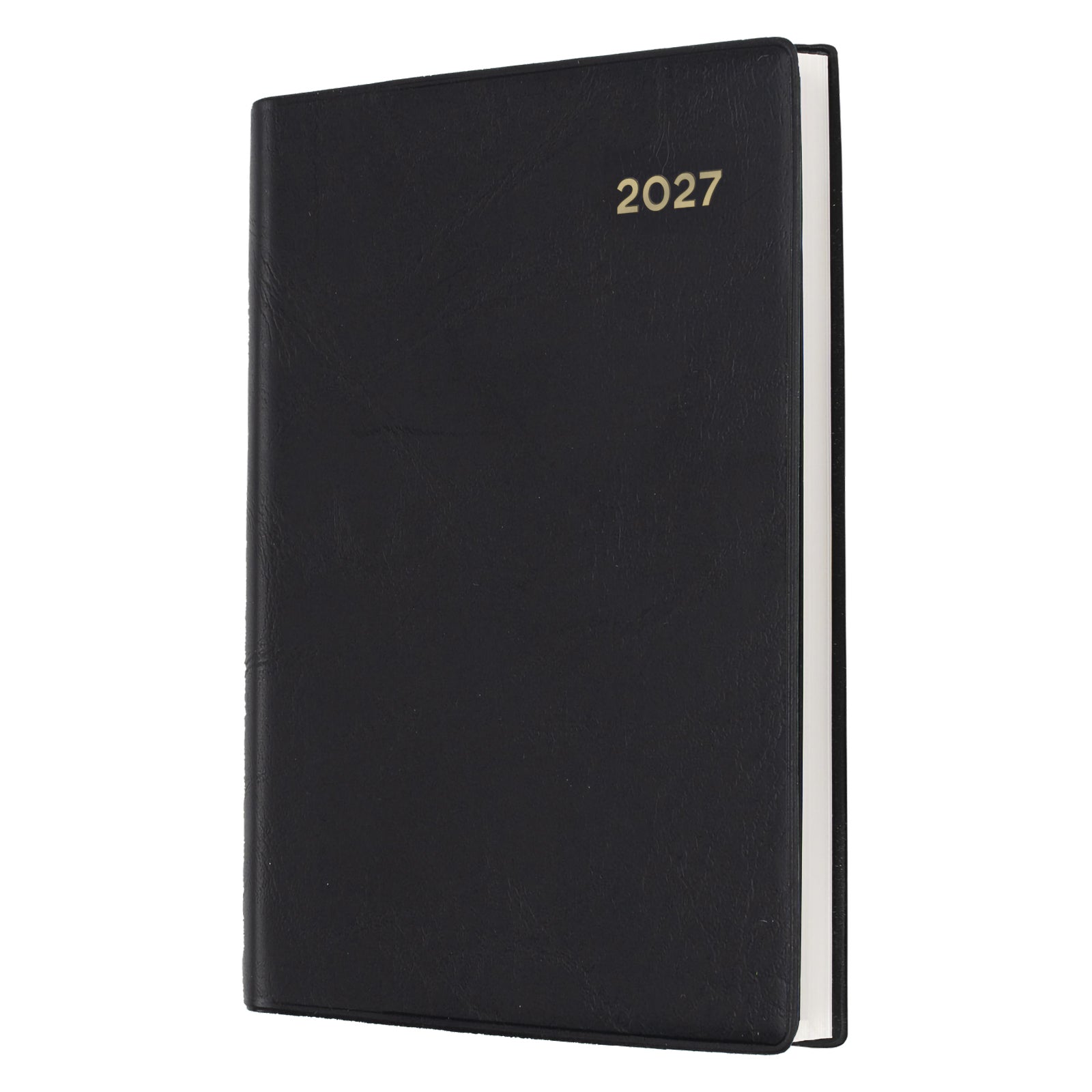 Angled front view of the Collins Belmont 2027 A7 Pocket Diary isolated on a white background, highlighting the durable black welded PVC cover with gold embossed 2027 year marking.