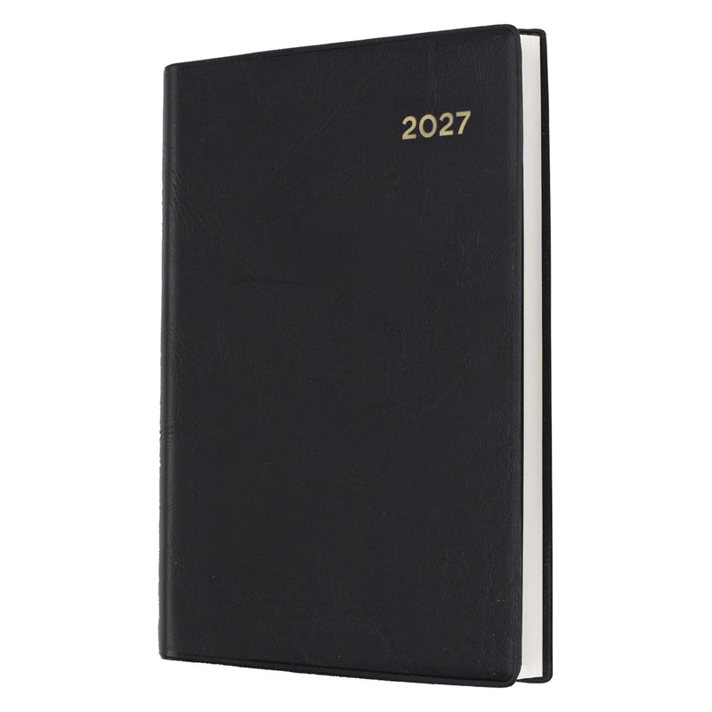 Angled front view of the Collins Belmont 2027 A7 Pocket Diary isolated on a white background, highlighting the durable black welded PVC cover with gold embossed 2027 year marking.