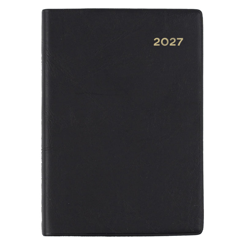Front view of the Collins Belmont 2027 A7 Day to a Page Pocket Diary isolated on a white background, featuring the classic black cover with gold embossed year for a timeless executive appearance.