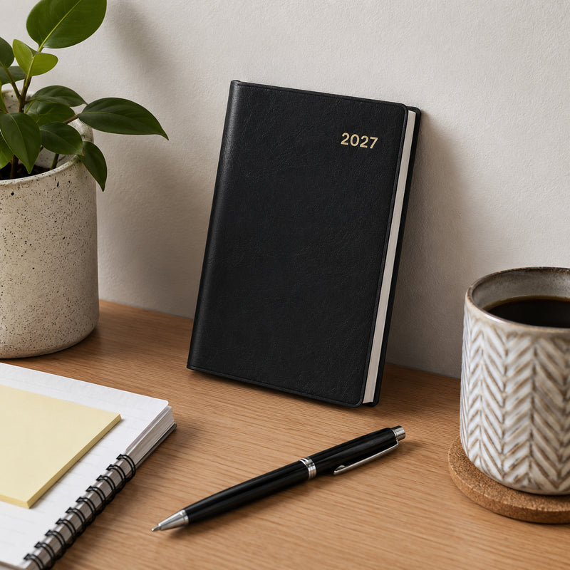 The Collins Belmont 2027 A7 Pocket Diary stands upright against a wall on a tidy office desk with a coffee mug, notebook, pen and decorative plant. The elegant black cover complements a professional workspace while showcasing its portable size.