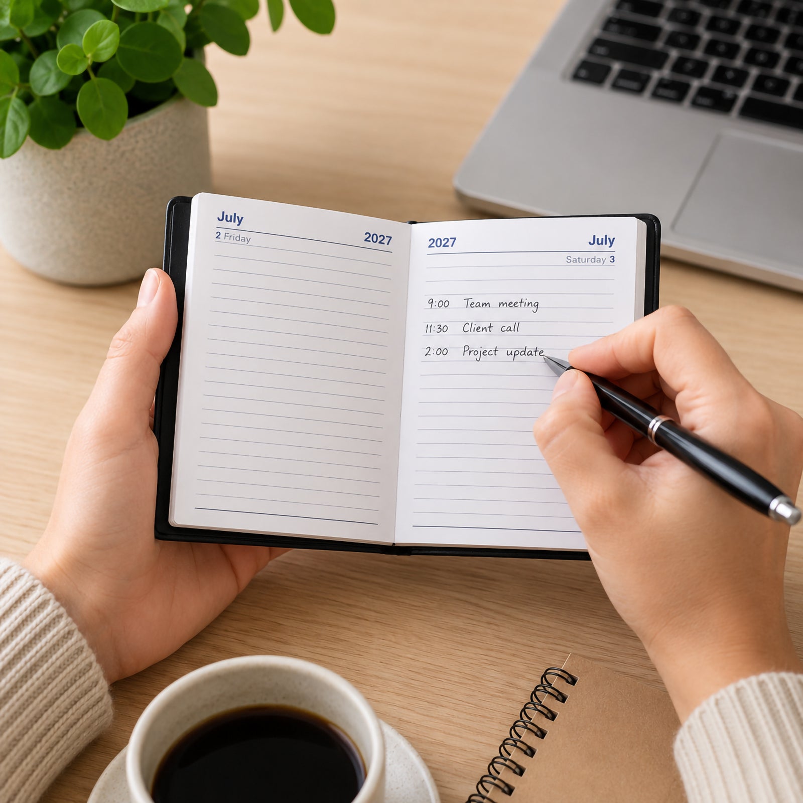 A person writes appointments into the Collins Belmont 2027 A7 Day to a Page Pocket Diary while holding it comfortably above an office desk. A coffee cup, laptop, notebook and indoor plant create a productive workspace that highlights the diary's portable size and practical daily planning layout.