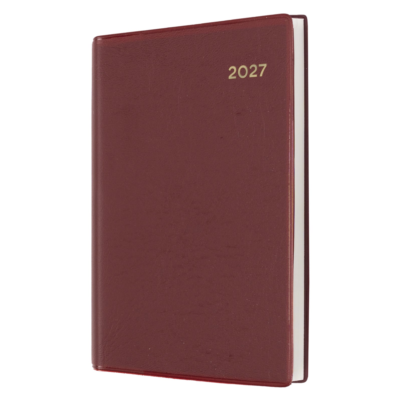 Angled front view of the Collins Belmont 2027 A7 Pocket Diary isolated on a white background, highlighting the premium burgundy welded PVC cover with gold embossed 2027 year marking.