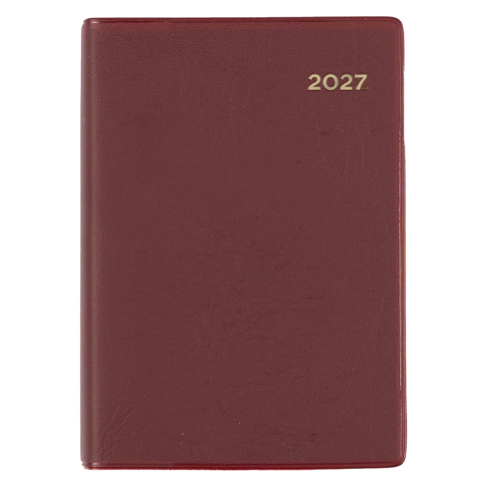 Front view of the Collins Belmont 2027 A7 Day to a Page Pocket Diary isolated on a white background, featuring the rich burgundy cover with gold embossed year for a professional and timeless appearance.