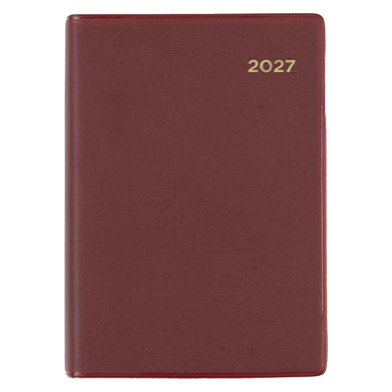 Front view of the Collins Belmont 2027 A7 Day to a Page Pocket Diary isolated on a white background, featuring the rich burgundy cover with gold embossed year for a professional and timeless appearance.