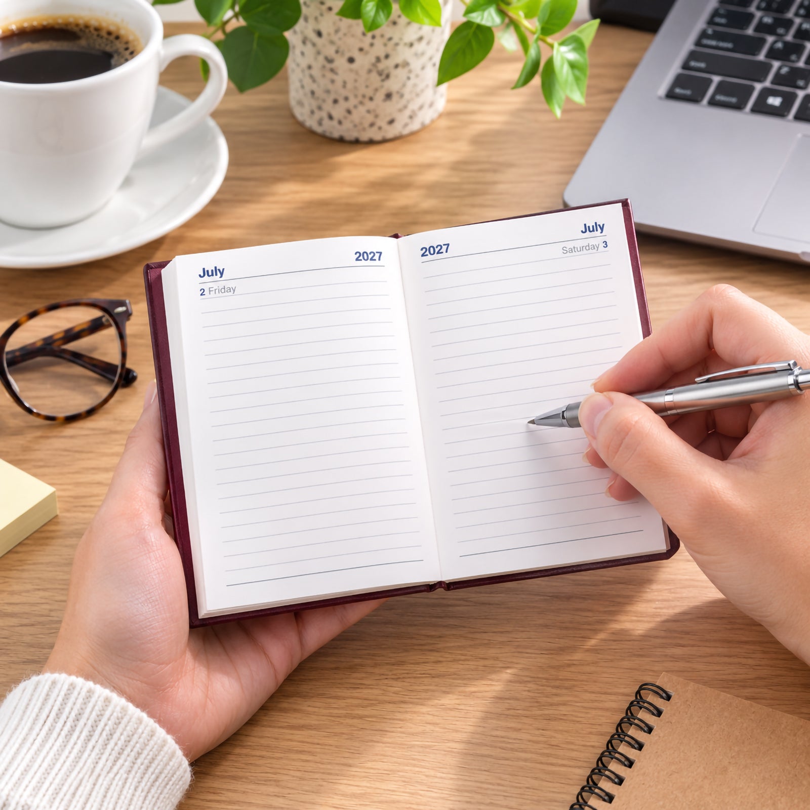 A person writes inside the Collins Belmont 2027 A7 Day to a Page Pocket Diary with a silver pen while holding the compact burgundy diary over a timber desk. A coffee cup, laptop, glasses and notebook create a productive workspace that highlights the diary's portability and practical daily planning layout.