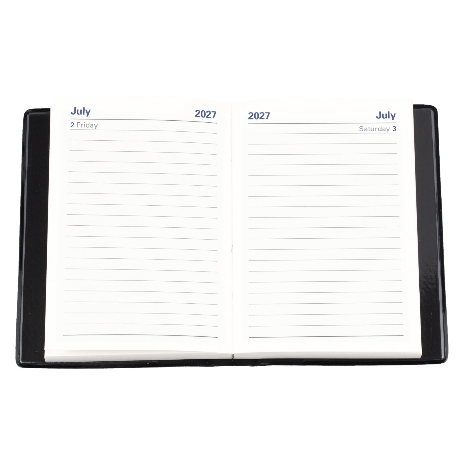 Open internal pages of the Collins Belmont 2027 A7 Day to a Page Pocket Diary displayed on a white background, clearly showing the spacious daily page layout with ample room for appointments, reminders and notes.