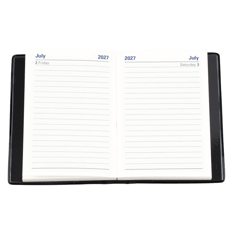 Open internal pages of the Collins Belmont 2027 A7 Day to a Page Pocket Diary displayed on a white background, clearly showing the spacious daily page layout with ample room for appointments, reminders and notes.