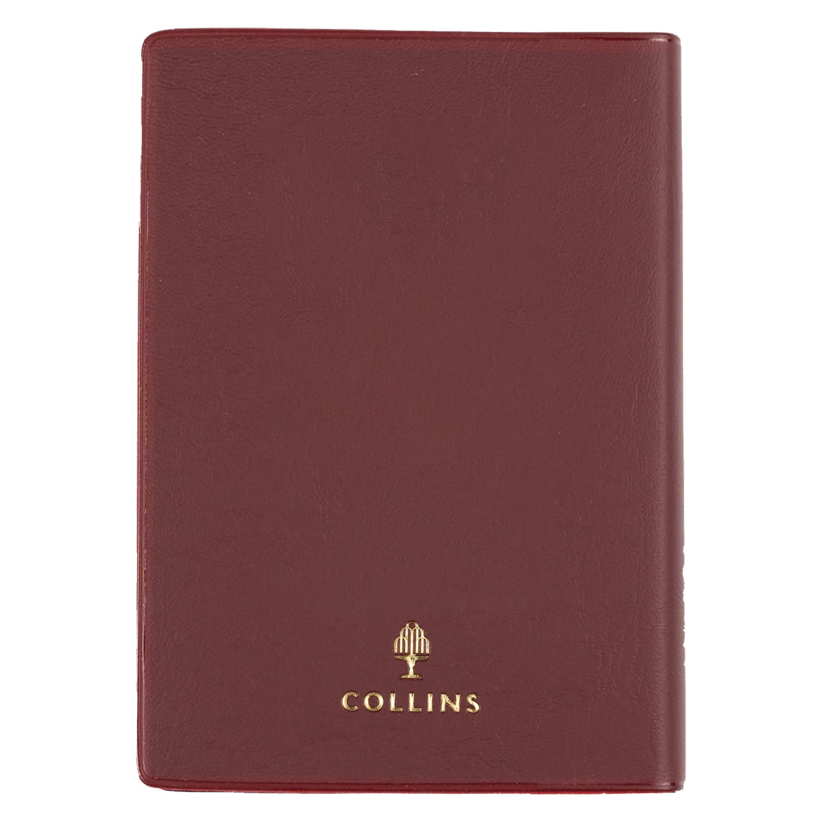 Rear view of the Collins Belmont 2027 A7 Pocket Diary isolated on a white background, displaying the durable burgundy PVC construction with gold Collins branding and a refined executive finish.
