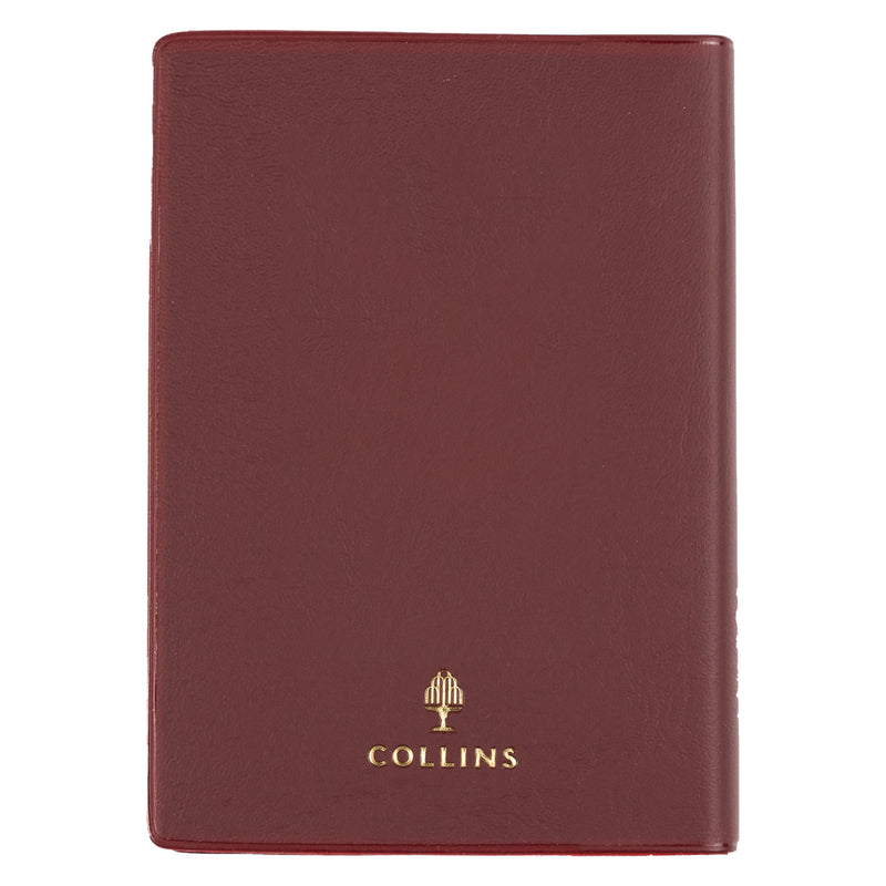 Rear view of the Collins Belmont 2027 A7 Pocket Diary isolated on a white background, displaying the durable burgundy PVC construction with gold Collins branding and a refined executive finish.