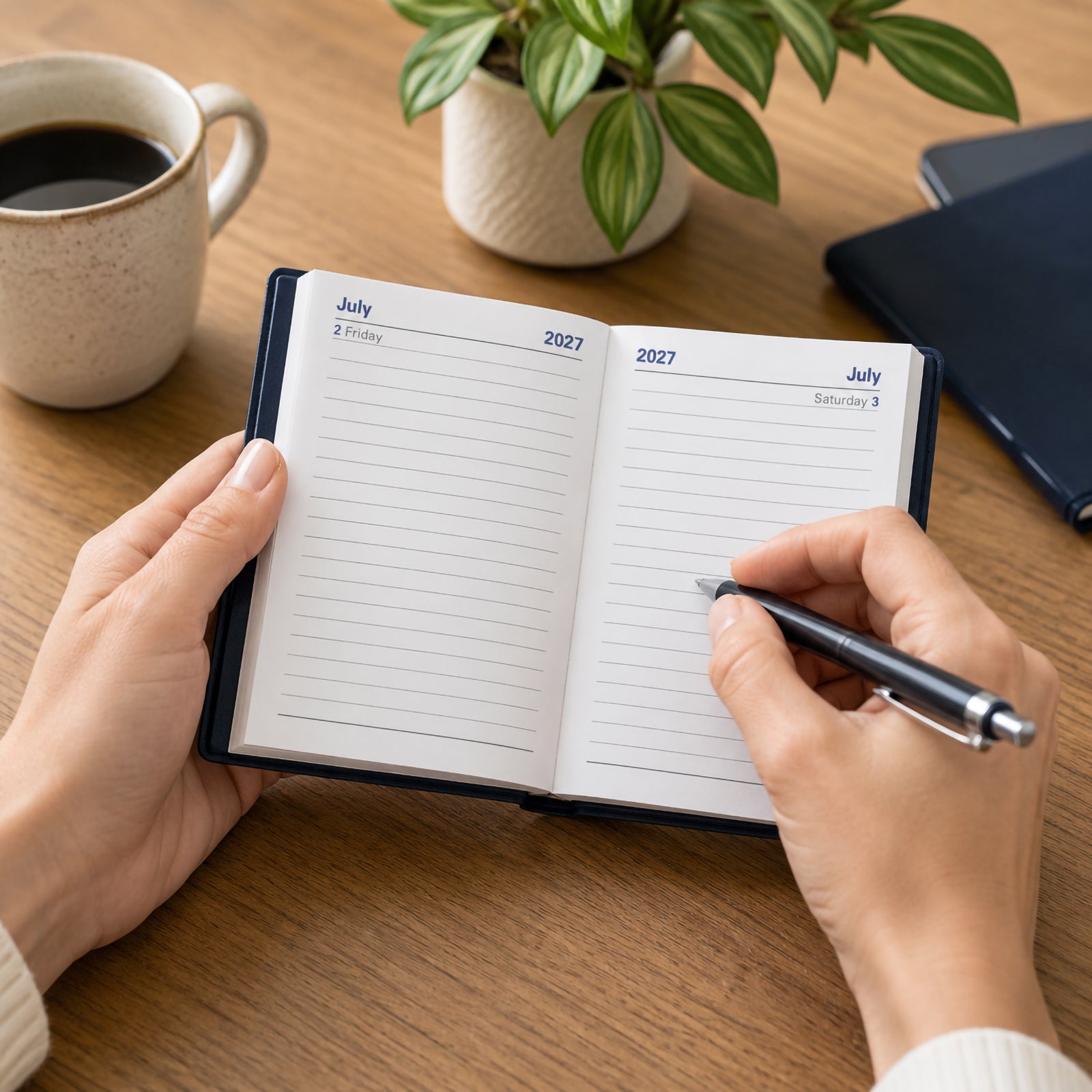 A person writes in the Collins Belmont 2027 A7 Day to a Page Pocket Diary with a pen while holding it comfortably over a timber office desk. A coffee mug, decorative plant and notebook create a relaxed workspace that highlights the diary's compact size and everyday planning functionality.