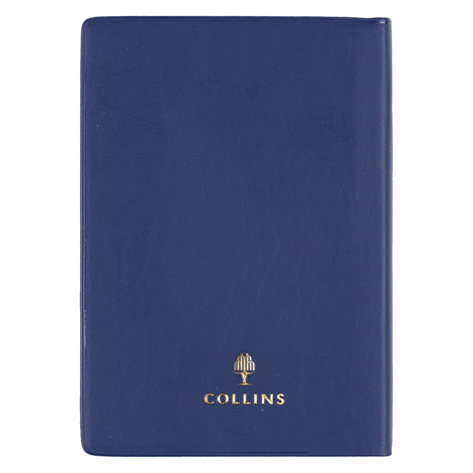 Rear view of the Collins Belmont 2027 A7 Pocket Diary isolated on a white background, displaying the durable navy PVC construction with gold Collins branding and a clean professional finish.