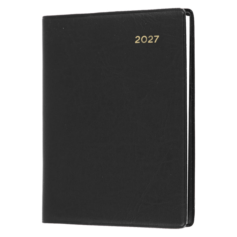 Angled front view of the Collins Belmont 2027 A7 Pocket Diary isolated on a white background, highlighting the durable black welded PVC cover with gold embossed 2027 year marking.