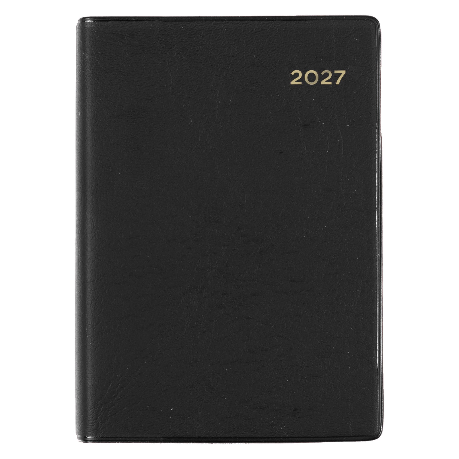 Front view of the Collins Belmont 2027 A7 Week to View Pocket Diary isolated on a white background, featuring the classic black cover with gold embossed 2027 year for a professional appearance.