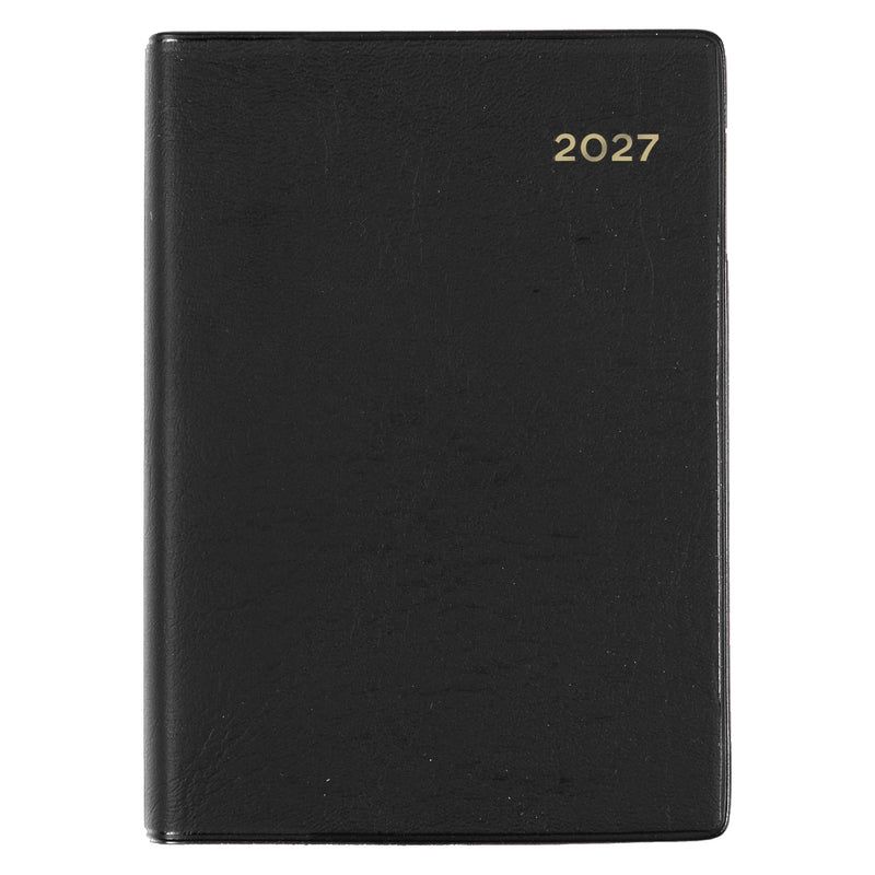 Front view of the Collins Belmont 2027 A7 Week to View Pocket Diary isolated on a white background, featuring the classic black cover with gold embossed 2027 year for a professional appearance.