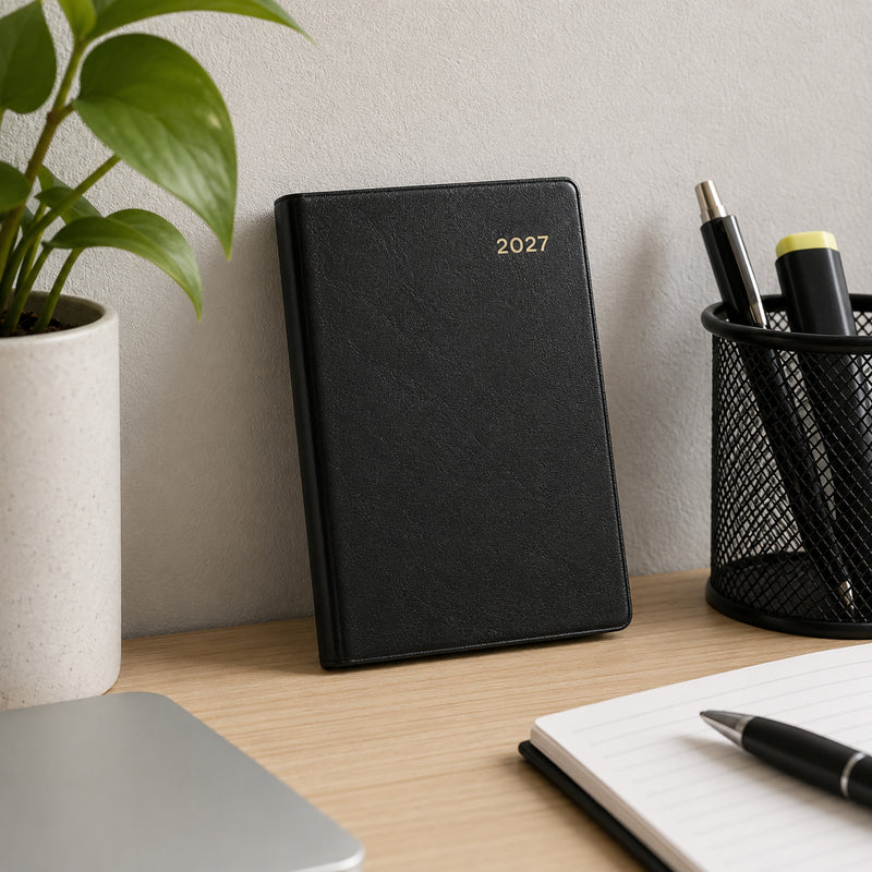 The Collins Belmont 2027 A7 Pocket Diary stands upright against a wall on a tidy office desk beside a pen holder, notebook, laptop and indoor plant. The elegant black cover complements a modern workspace while demonstrating compact convenience.