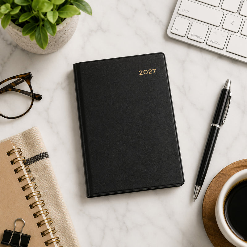 Top view of the Collins Belmont 2027 A7 Week to View Pocket Diary with a premium black PVC cover displayed on a marble desk beside a keyboard, coffee cup, notebook, pen and indoor plant. The arrangement showcases an organised professional workspace.