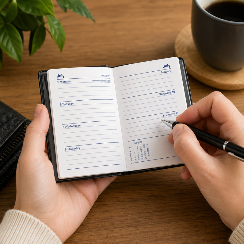 A user writes in the Collins Belmont 2027 A7 Week to View Pocket Diary while holding the compact black diary over a wooden desk. A coffee cup, leather organiser and indoor plant create a productive workspace that highlights the weekly planning layout and everyday portability.