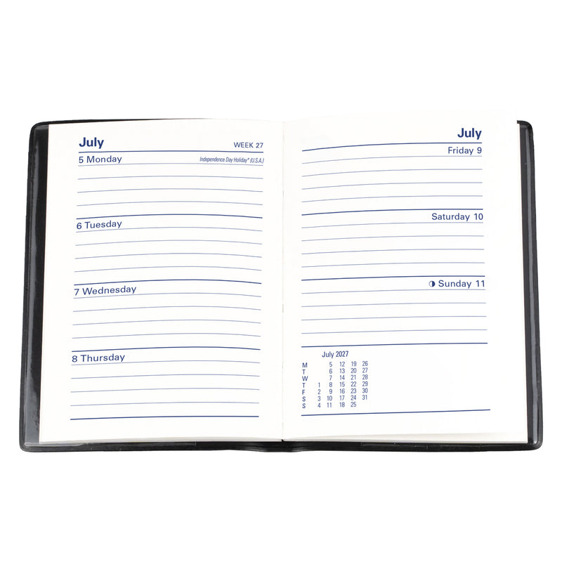 Open internal pages of the Collins Belmont 2027 A7 Week to View Pocket Diary displayed on a white background, clearly showing the spacious weekly layout with room for appointments, reminders and notes throughout the week.