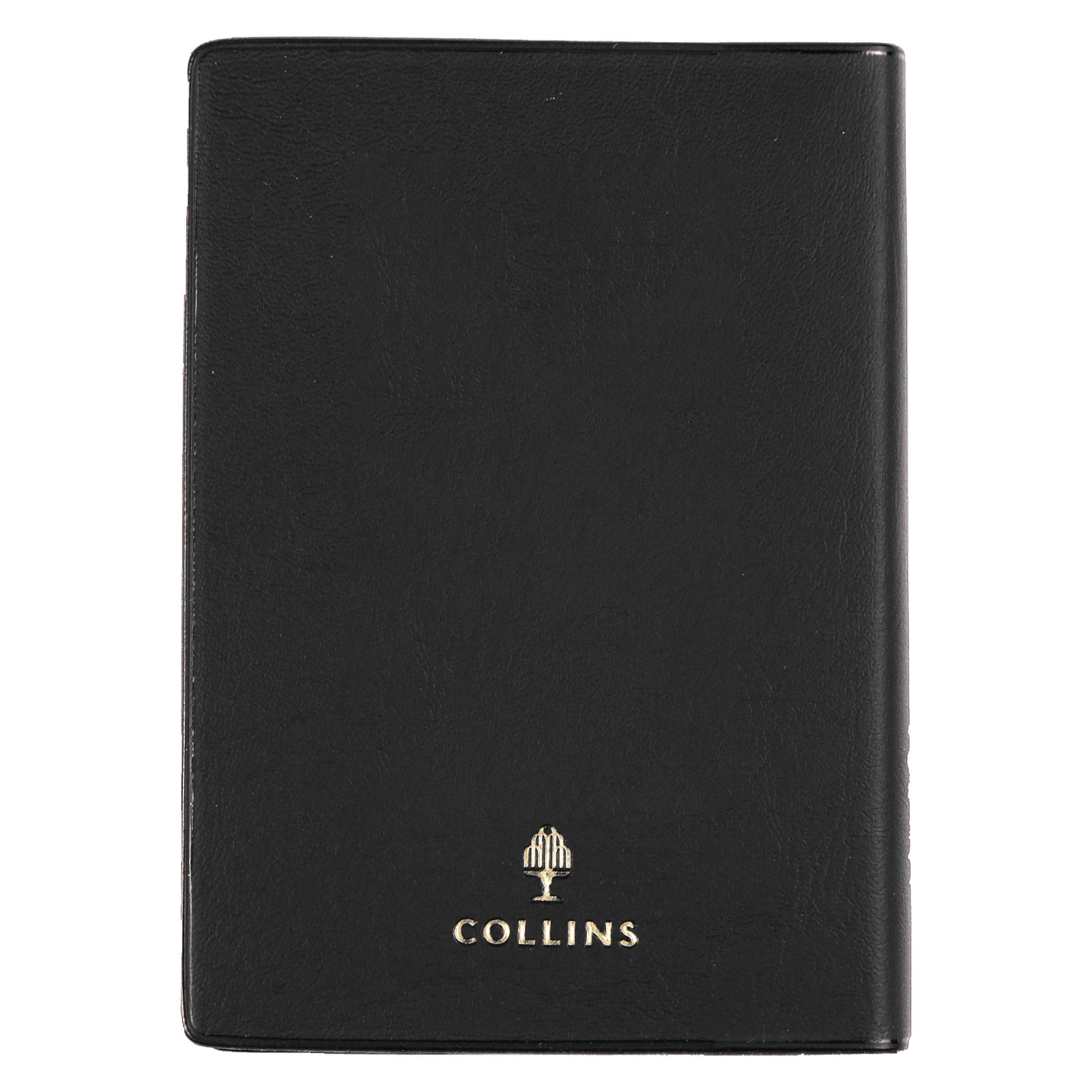 Rear view of the Collins Belmont 2027 A7 Pocket Diary isolated on a white background, displaying the premium black PVC finish with gold Collins branding and executive styling.