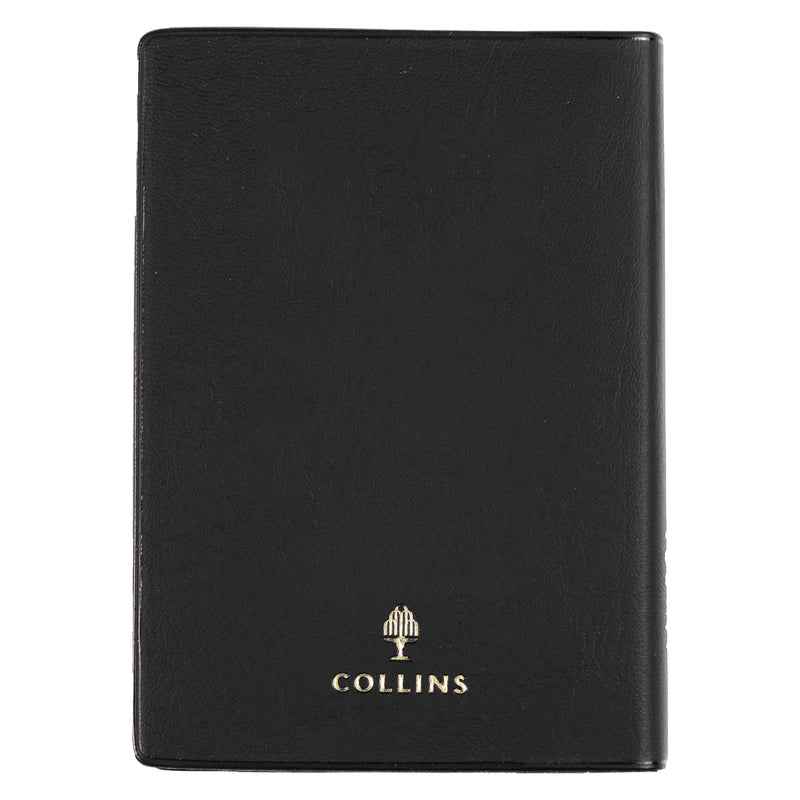 Rear view of the Collins Belmont 2027 A7 Pocket Diary isolated on a white background, displaying the premium black PVC finish with gold Collins branding and executive styling.