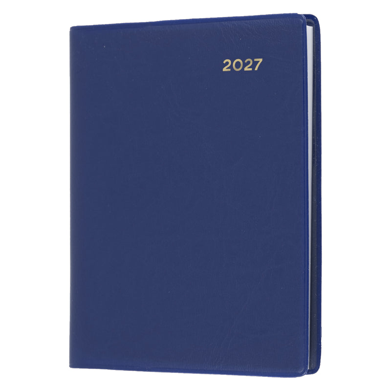 Angled front view of the Collins Belmont 2027 A7 Pocket Diary isolated on a white background, highlighting the durable navy welded PVC cover with gold embossed 2027 year marking.