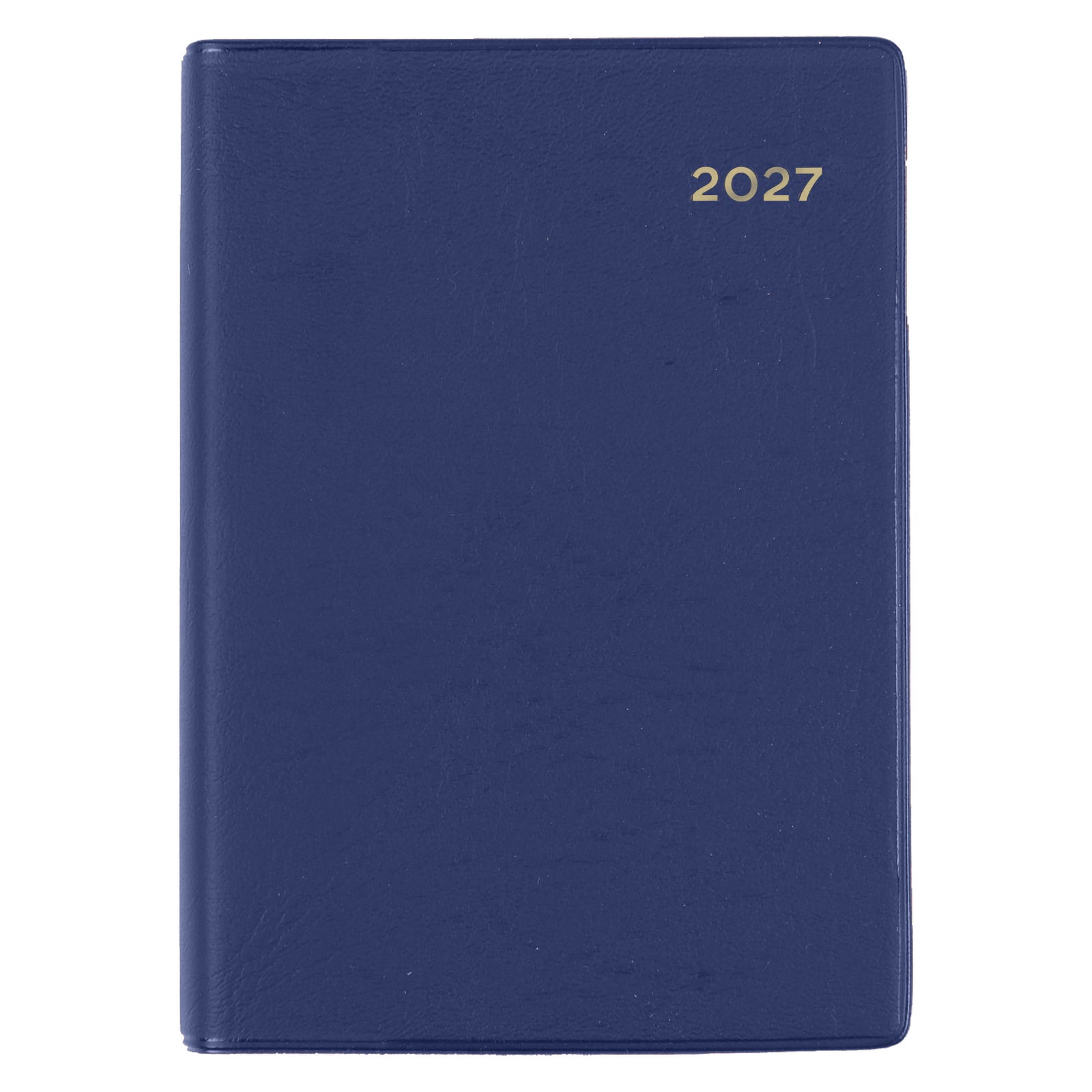 Front view of the Collins Belmont 2027 A7 Week to View Pocket Diary isolated on a white background, featuring the elegant navy cover with gold embossed 2027 year, ideal for everyday business and personal planning.