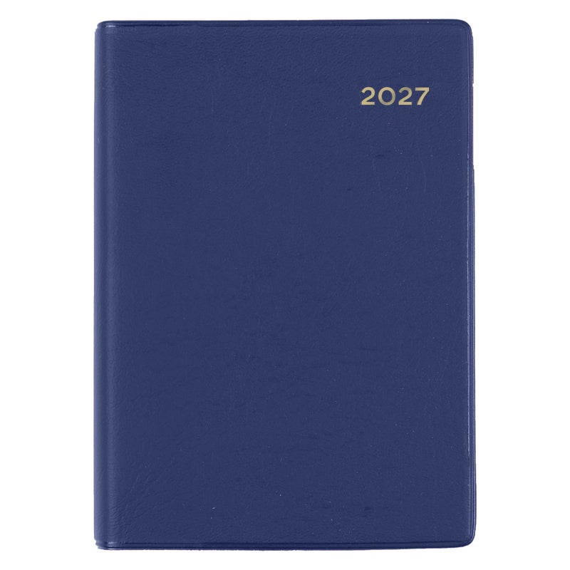 Front view of the Collins Belmont 2027 A7 Week to View Pocket Diary isolated on a white background, featuring the elegant navy cover with gold embossed 2027 year, ideal for everyday business and personal planning.
