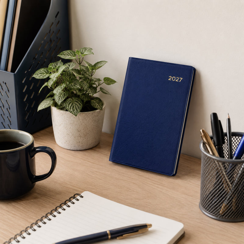 The Collins Belmont 2027 A7 Pocket Diary in navy leans against a wall on a tidy office desk beside stationery, a coffee mug and a potted plant. The lifestyle scene showcases the diary as an elegant addition to any modern workspace.