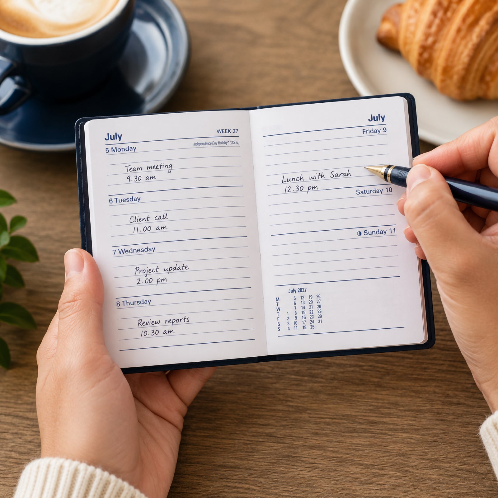 A hand writes appointments into the Collins Belmont 2027 A7 Week to View Pocket Diary with a navy cover while enjoying coffee and breakfast. The compact weekly layout demonstrates practical planning for busy professionals working from a café or home office.
