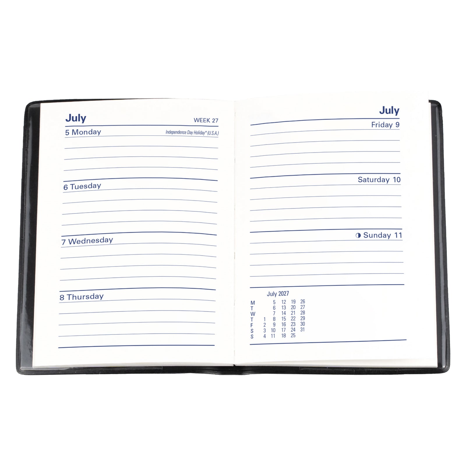 Open internal pages of the Collins Belmont 2027 A7 Week to View Pocket Diary displayed on a white background, clearly showing the spacious weekly layout with room for appointments, reminders and planning notes.
