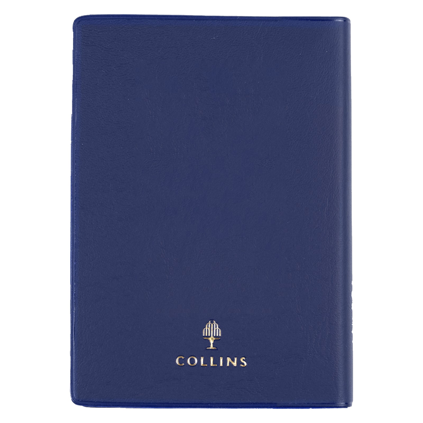 Rear view of the Collins Belmont 2027 A7 Pocket Diary isolated on a white background, displaying the premium navy PVC finish with gold Collins branding for a refined professional appearance.