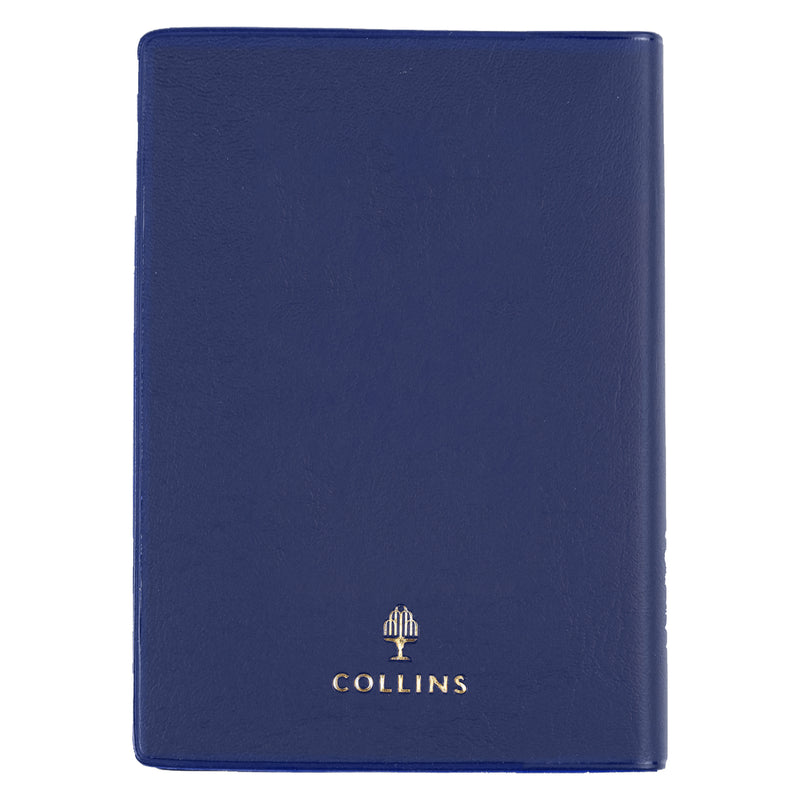 Rear view of the Collins Belmont 2027 A7 Pocket Diary isolated on a white background, displaying the premium navy PVC finish with gold Collins branding for a refined professional appearance.