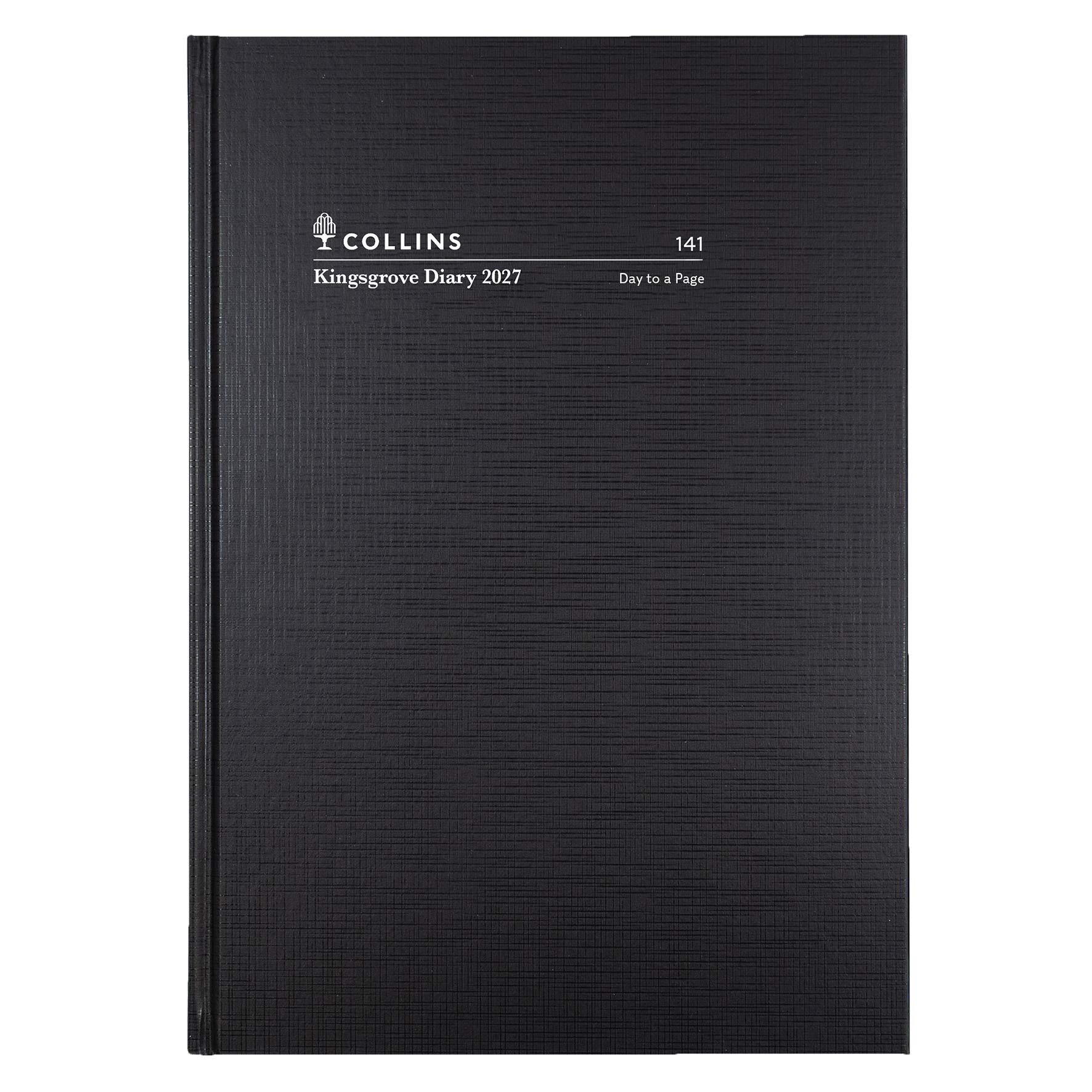 Front view of the Collins Kingsgrove Diary 2027 A4 in black. The diary features a textured linen-look hard cover with a casebound side spine and white printed cover text reading Collins Kingsgrove Diary 2027, 141, Day to a Page. The design is simple, professional and suited to office or desk planning use.