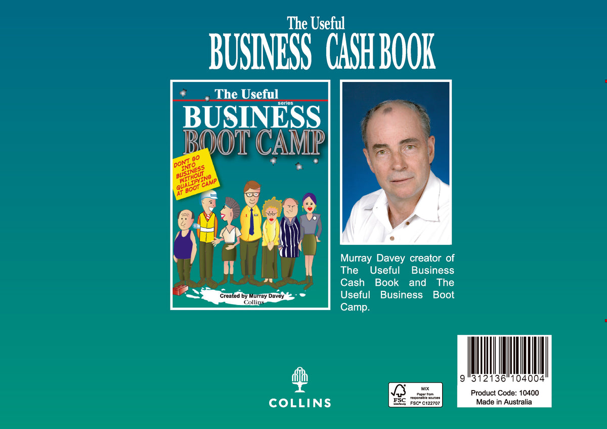 Back cover of the Collins 10400 Useful Business Cash Book with the Business Boot Camp cover, a photo of creator Murray Davey, the Collins logo, an FSC Mix label, the barcode and Made in Australia text