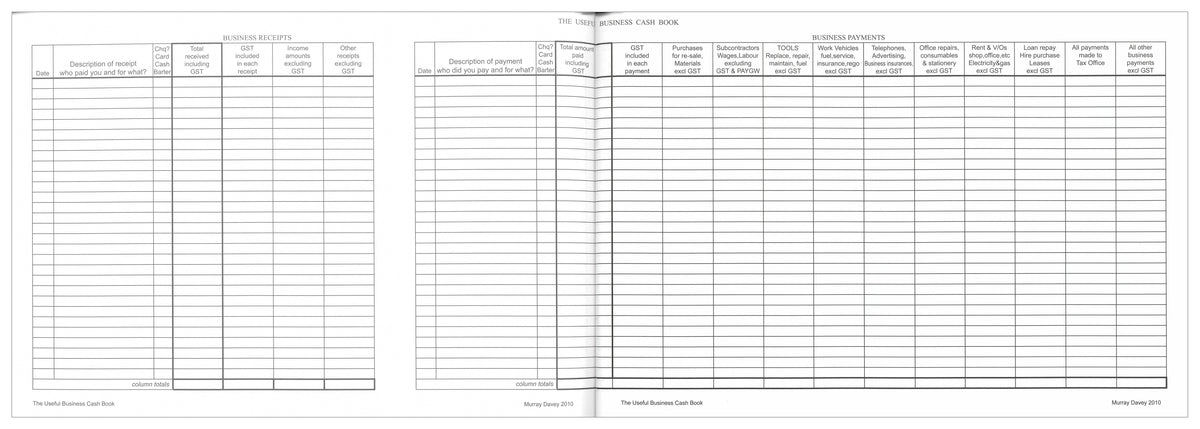 Collins 10400 Useful Business Cash Book page spread with business receipts columns on the left page and headed business payments expense columns on the right page