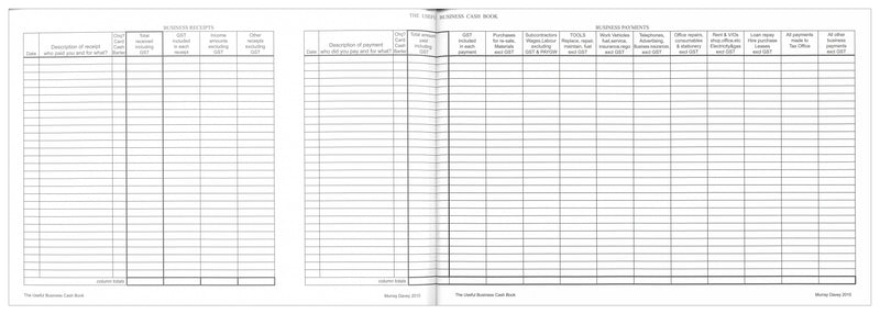 Collins 10400 Useful Business Cash Book page spread with business receipts columns on the left page and headed business payments expense columns on the right page