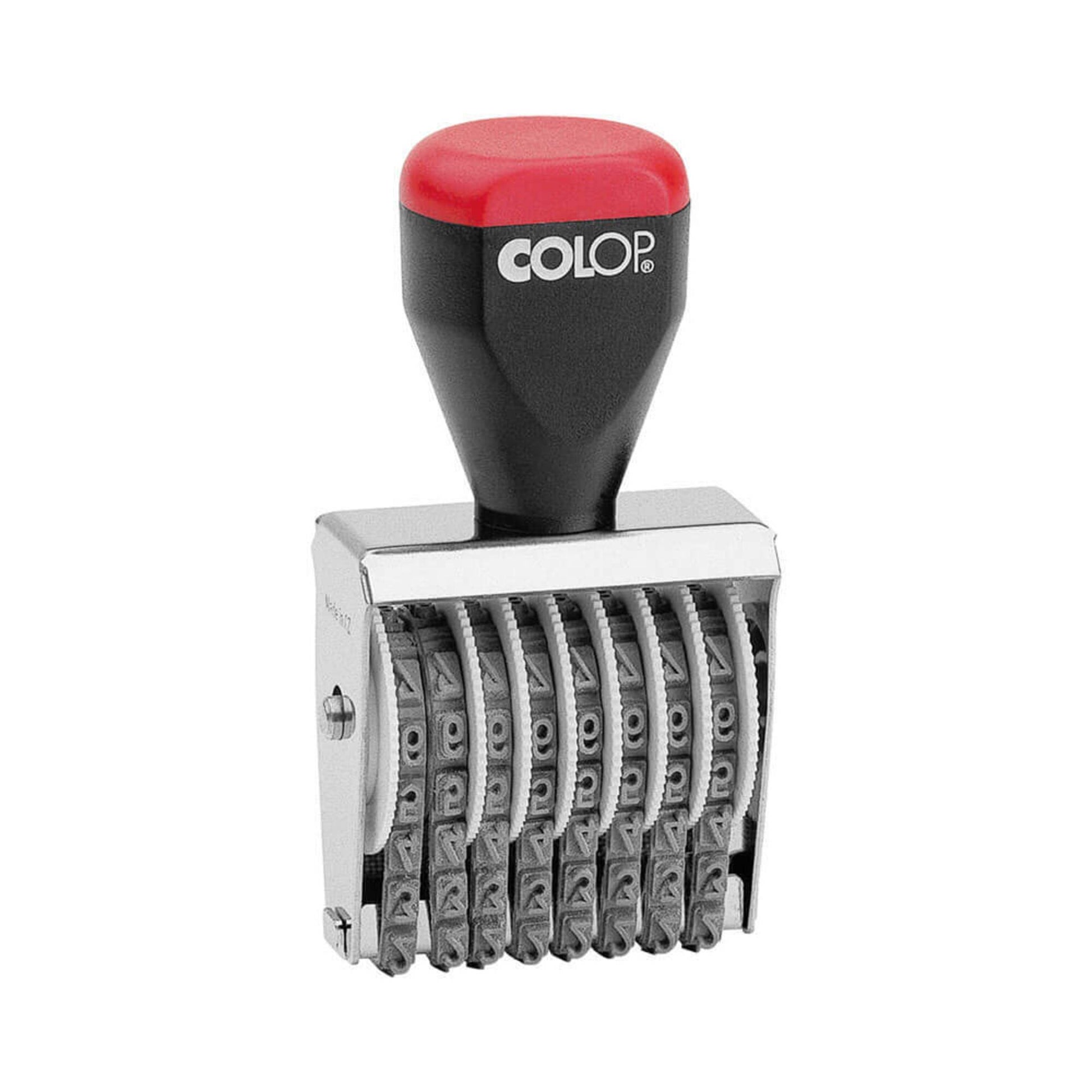 Front view of the Colop 04008 band numberer stamp on a plain white background, showing the body and imprint detail