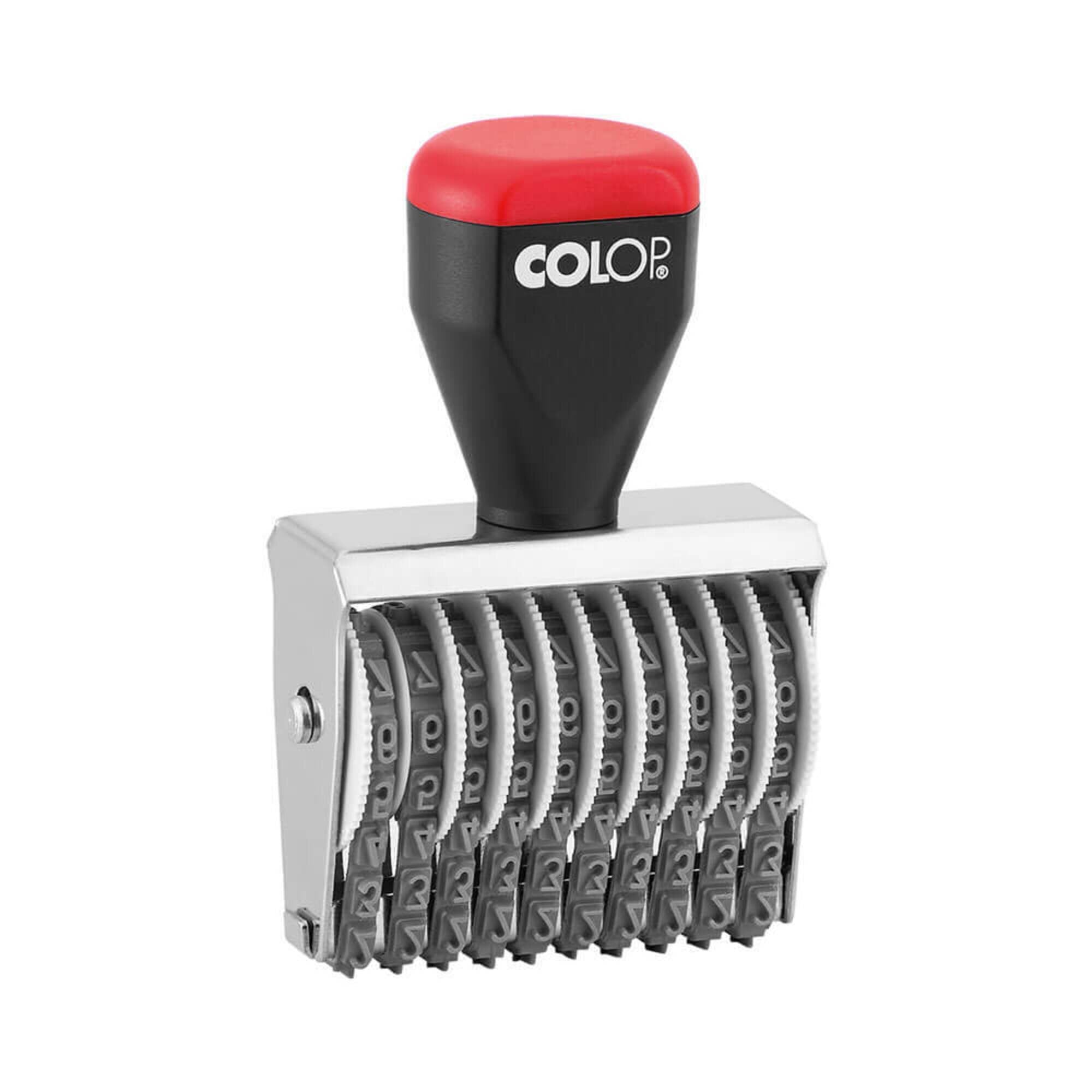 Front view of the Colop 04010 band numberer stamp on a plain white background, showing the body and imprint detail