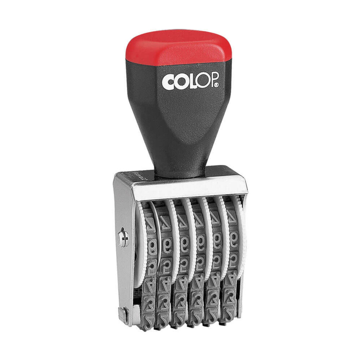 Colop 05006 six band numberer showing a chrome frame of rubber number bands below a black handle and red cap with the Colop logo