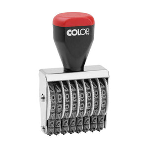 Colop 05008 eight band numberer with a wide chrome frame of rubber bands, a black handle and a red cap printed with the Colop logo