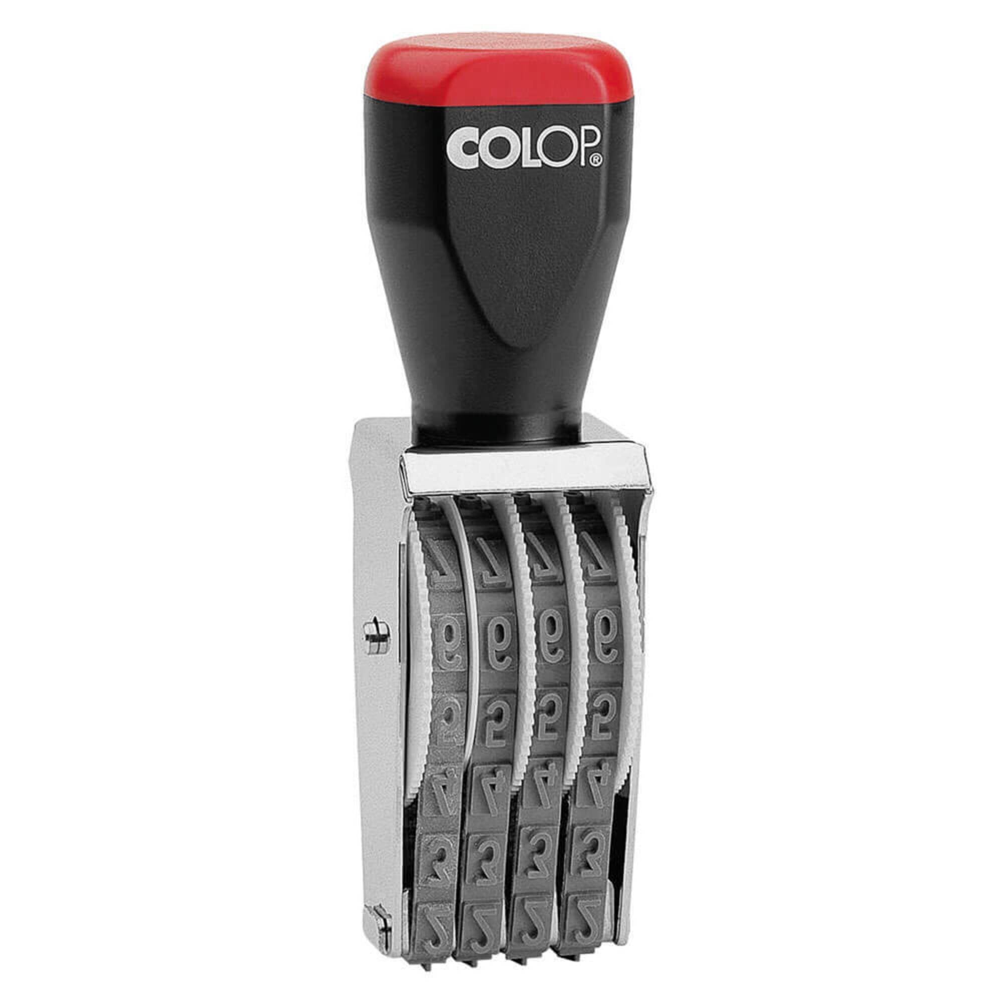 Front view of the Colop 09004 band numberer stamp on a plain white background, showing the body and imprint detail