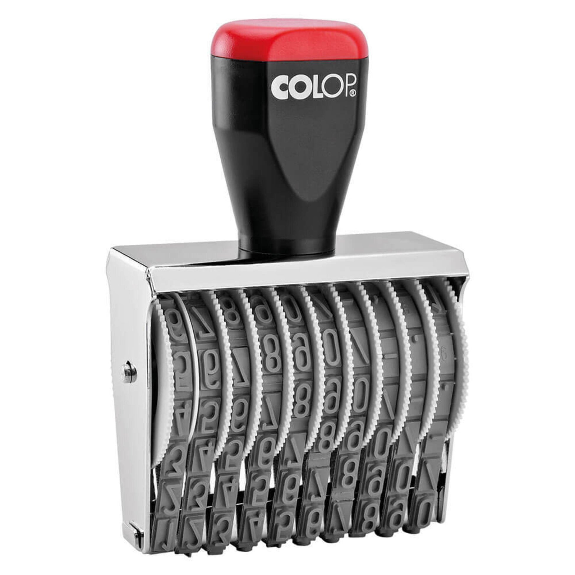 Front view of the Colop 09010 band numberer stamp on a plain white background, showing the body and imprint detail