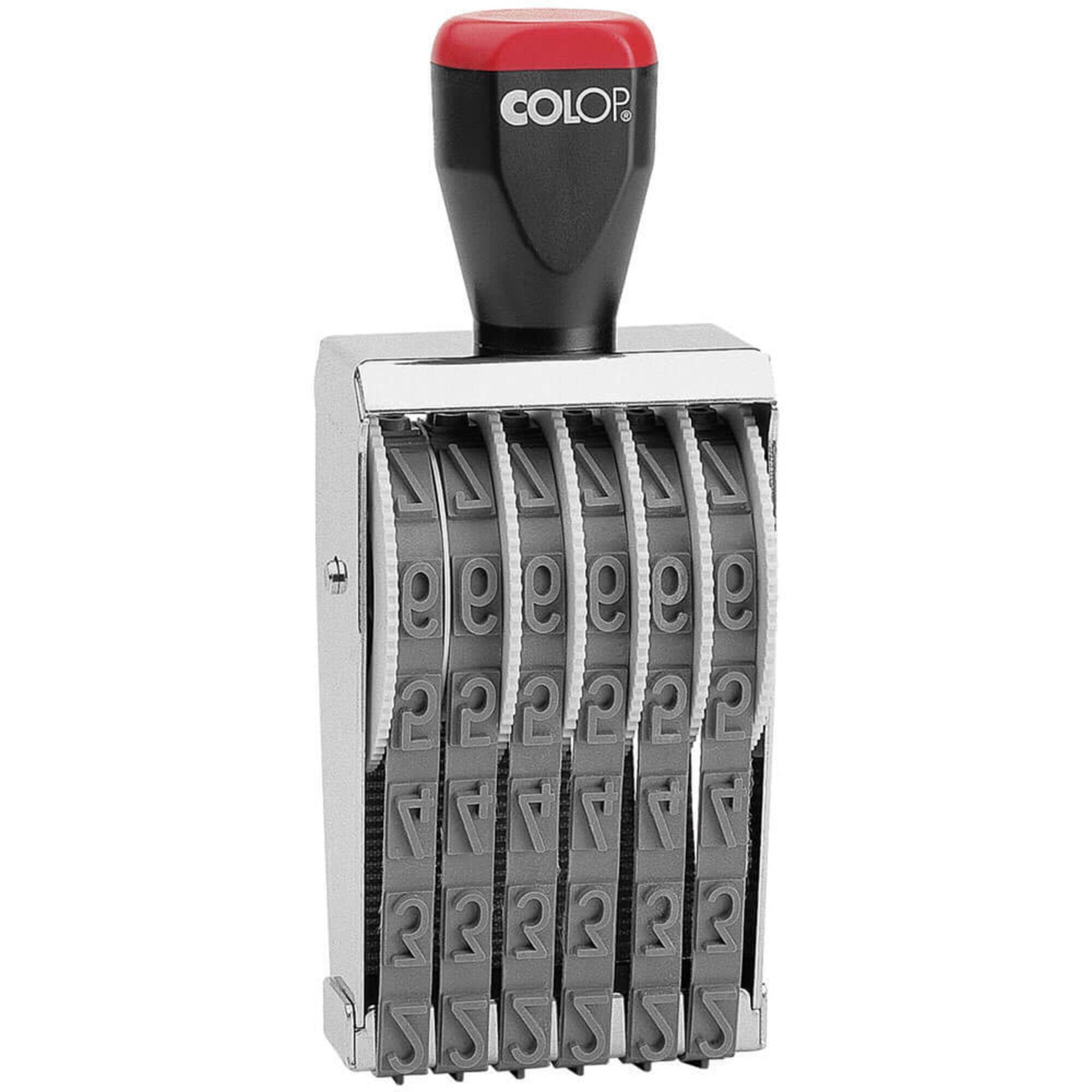Front view of the Colop 12006 band numberer stamp on a plain white background, showing the body and imprint detail