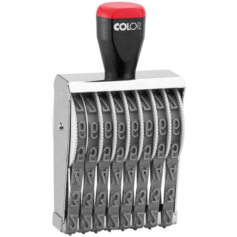 Angled view of the Colop 12008 hand set band numberer showing the chrome frame, eight grey numbering bands and the black and red moulded handle on a white background