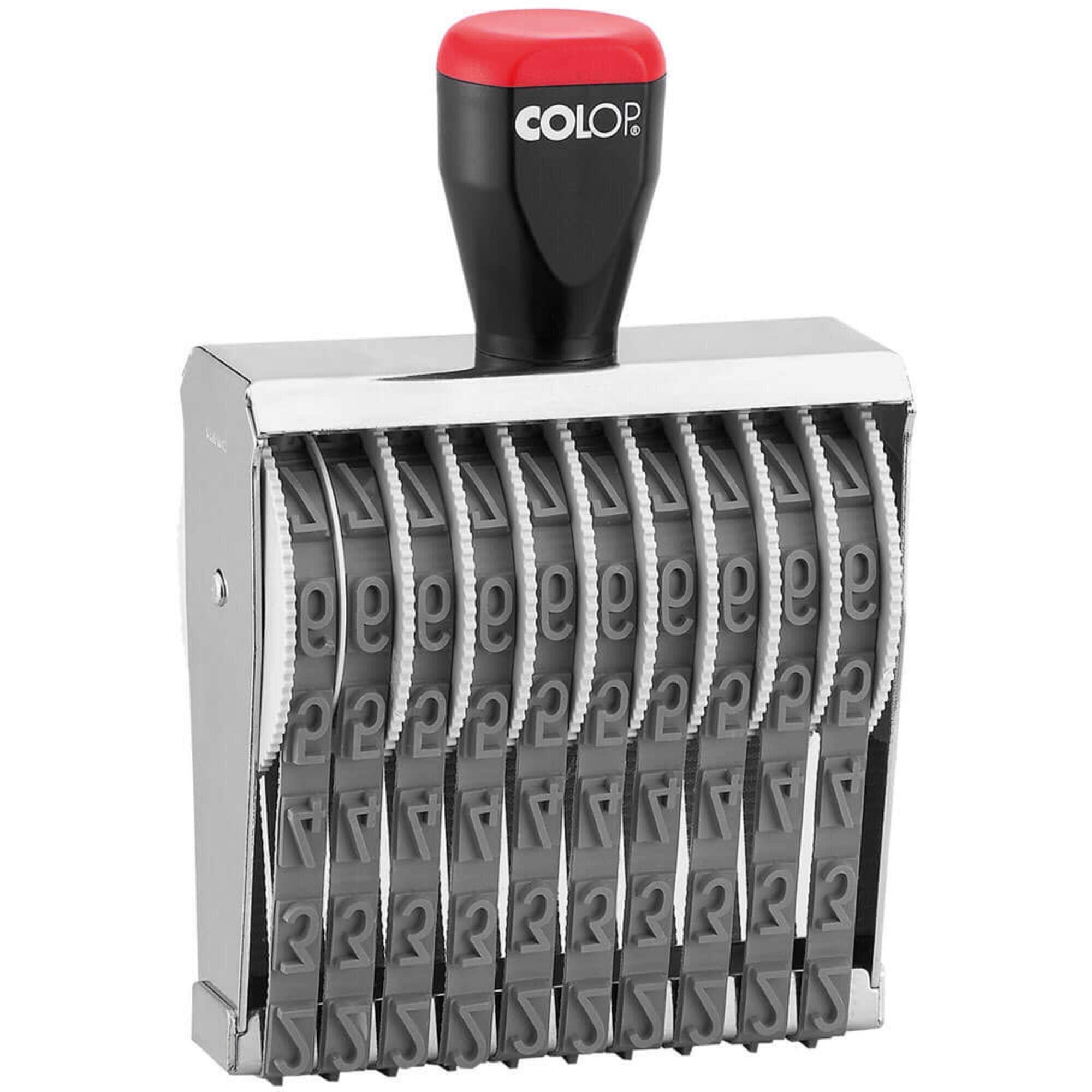 Front view of the Colop 12010 band numberer stamp on a plain white background, showing the body and imprint detail
