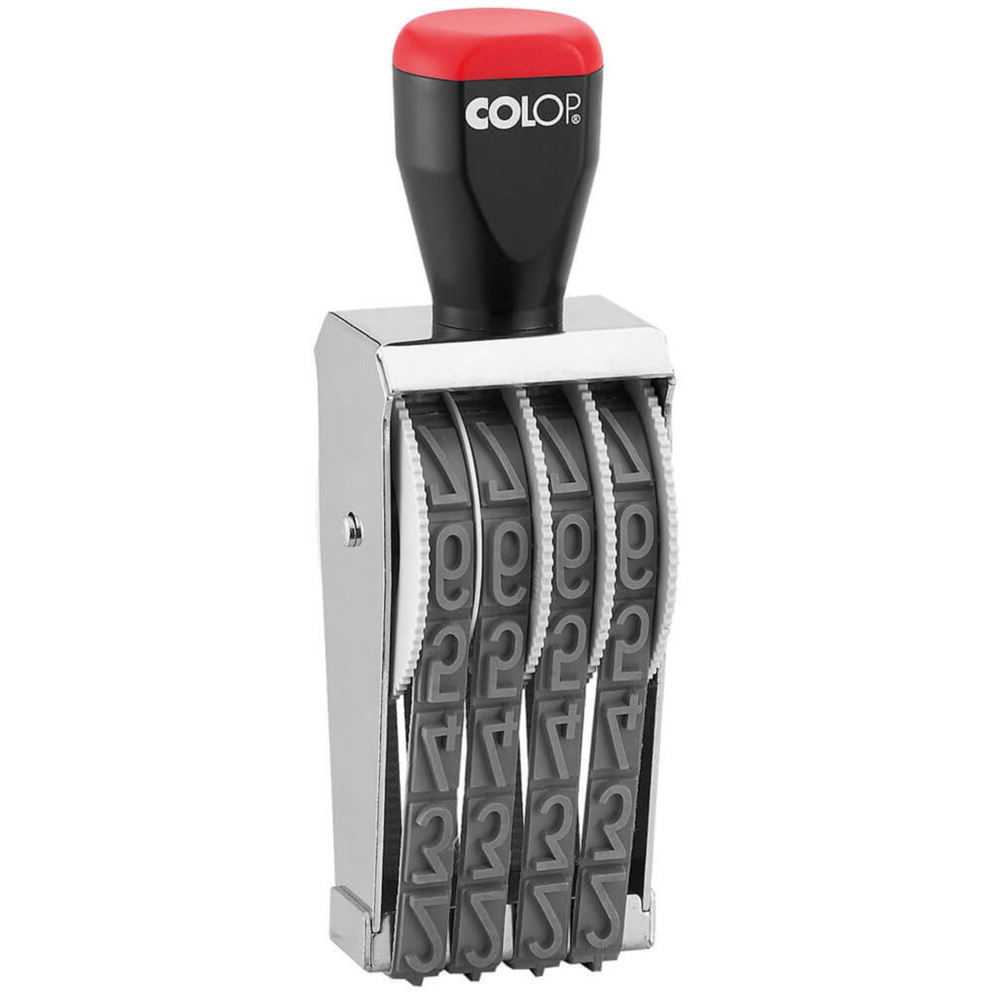 Front view of the Colop 15004 band numberer stamp on a plain white background, showing the body and imprint detail
