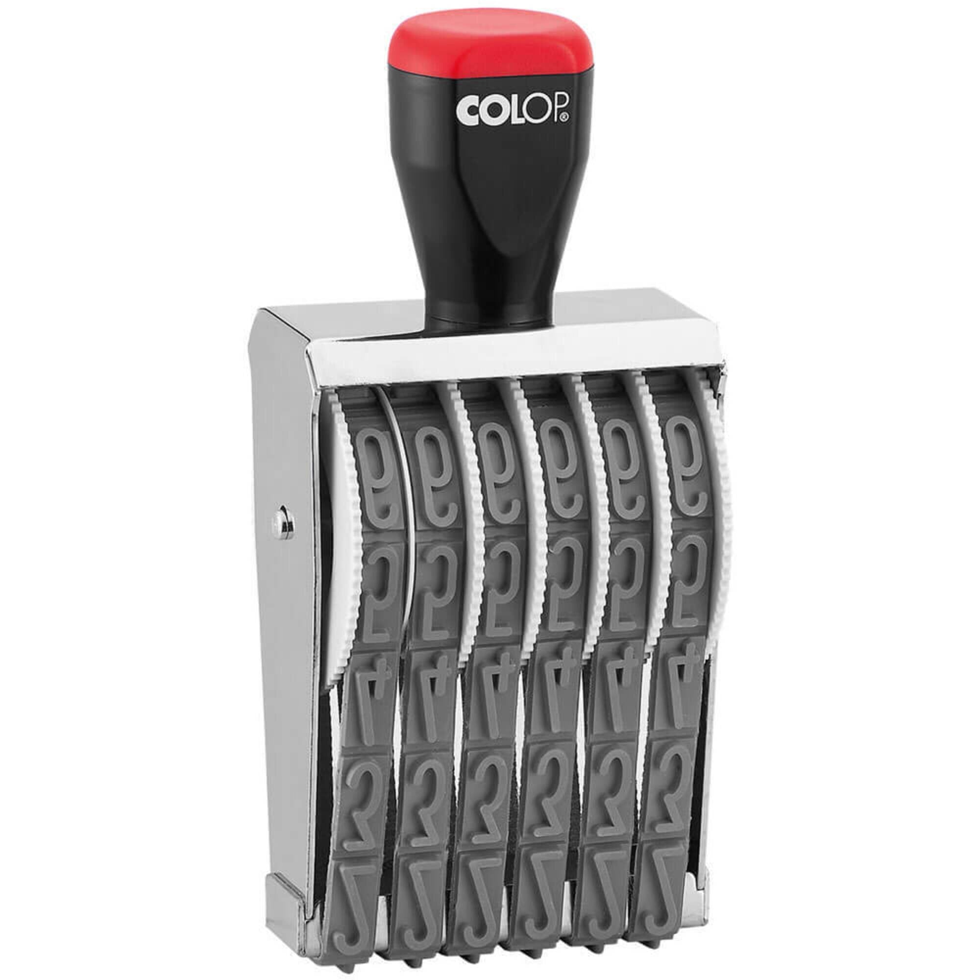 Front view of the Colop 18006 band numberer stamp on a plain white background, showing the body and imprint detail