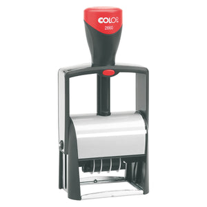 Colop 2660 self-inking dater in a grey metal frame with a black handle, red top cap and date bands visible, shown upright on a white background