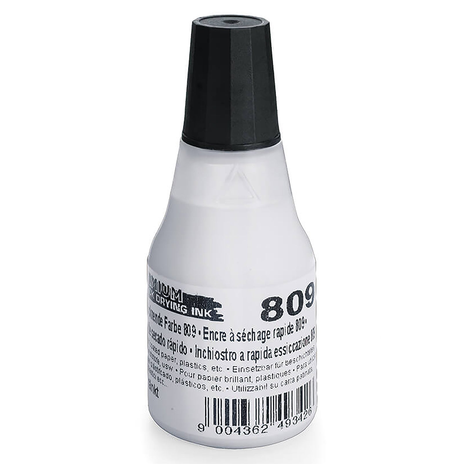 Studio product image of the genuine Colop 809 Quick Drying Ink Premium White 25ml bottle isolated on a white background, clearly displaying the bottle design, precision cap and product labelling.