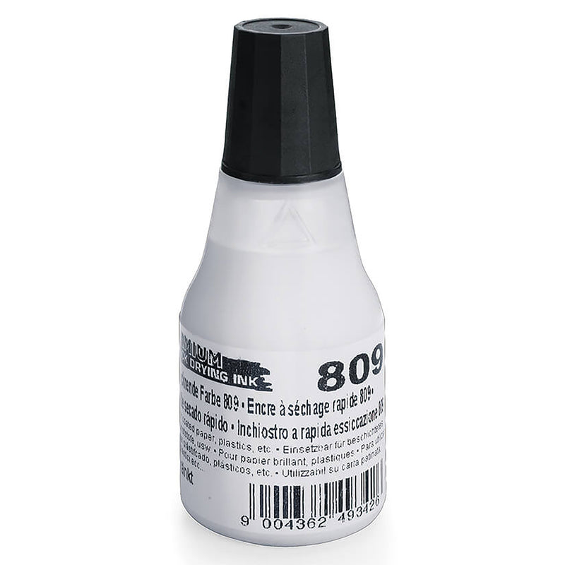 Studio product image of the genuine Colop 809 Quick Drying Ink Premium White 25ml bottle isolated on a white background, clearly displaying the bottle design, precision cap and product labelling.